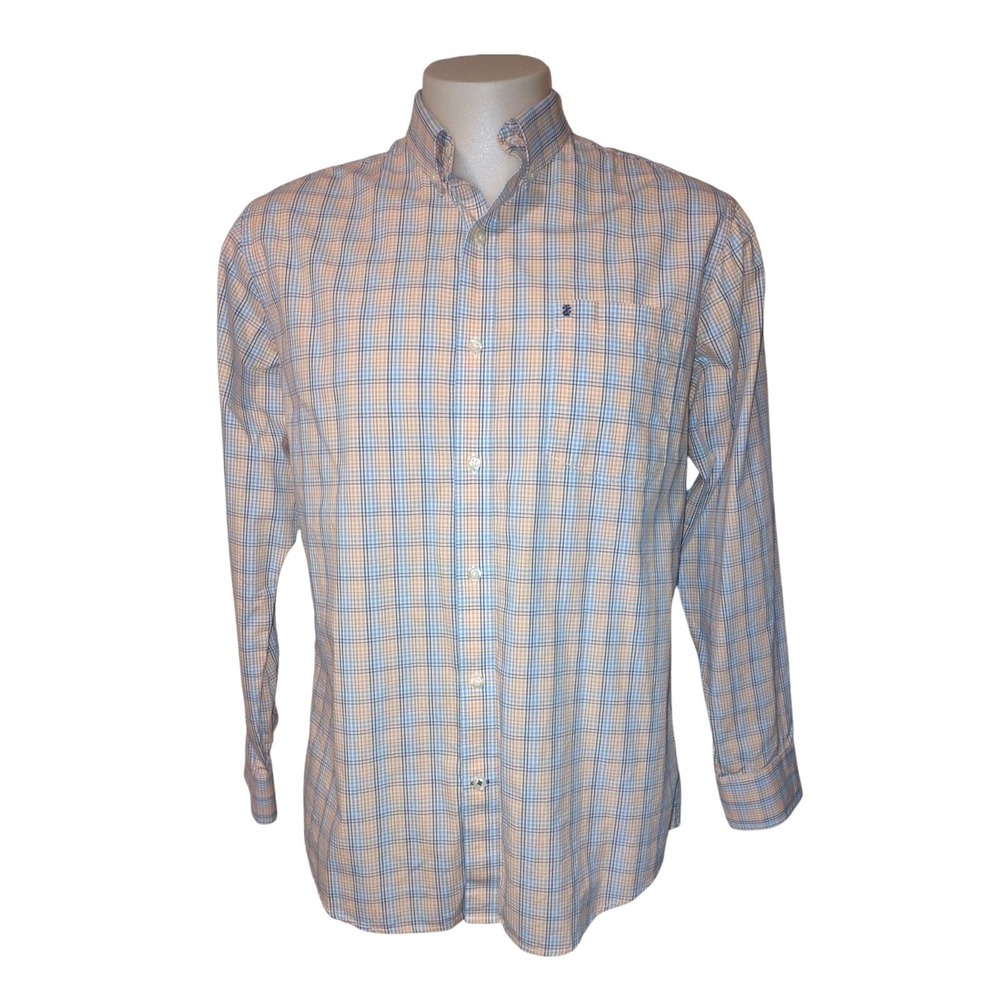 IZOD Button Down Shirt M Mens Plaid Blue Orange Norm Cabin Core Retro 45PW158